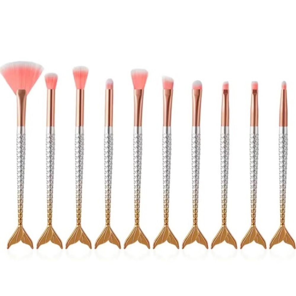 NWT - Mermaid Professional Eyeshadow Makeup Brush Set of 10 Gold & Silver